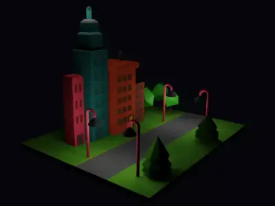 low poly street city with buildings and lights Free 3D model
