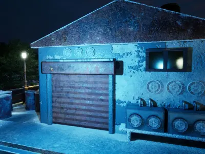Warehouse building with lights at night Low-poly 3D model