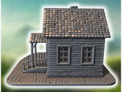 Wooden house with a covered porch intact roof shingles and woode 3D print model
