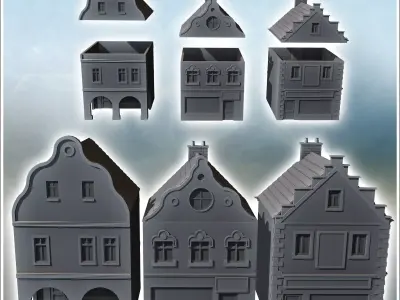 Set of three Flemish Baroque-style buildings with stories and co 3D print model