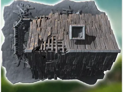 Collapsed two-story wooden structure with broken balcony damaged 3D print model