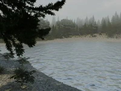 Lush green forest with waterfall and fog Low-poly 3D model