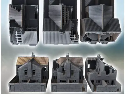 Set of three buildings with large bay windows and a backyard sur 3D print model