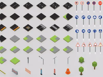 Voxel Road Sections And Signs Pack Low-poly 3D model