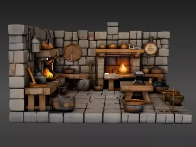 Stylized Blacksmith Forge 3D Model Scene Low Poly Medieval  Low-poly 3D model