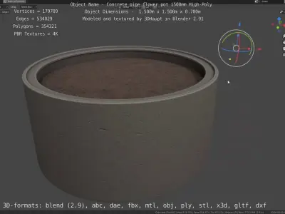 Concrete Pipe Flower Pot 1500mm High-Poly 3D model