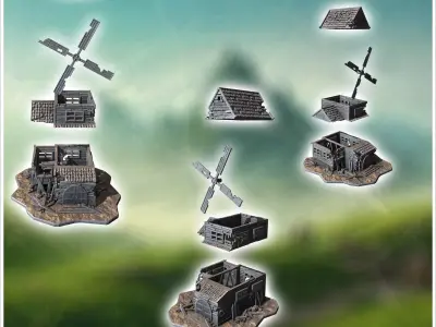 Old wooden windmill with broken blades damaged walls and scatter 3D print model