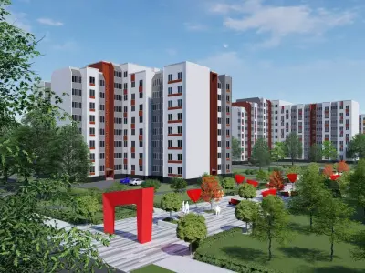 3D model of the urban environment with houses and a square  3D model