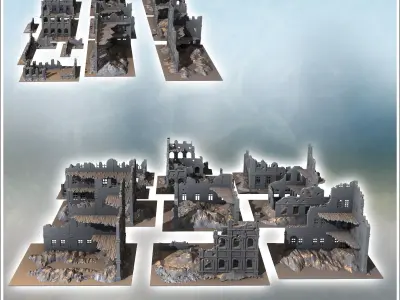 Set of twelve large modern and futuristic ruins with floors 4 -  3D print model