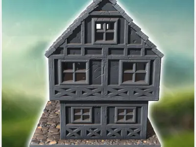Two-story medieval house with a steep roof multiple windows and  3D print model