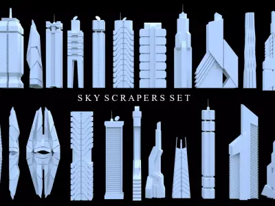 Sci-Fi SkyScraper Set Low Poly 3D model