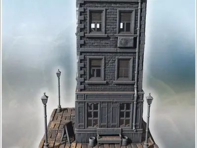 Three-story brick building with shuttered windows detailed entra 3D print model