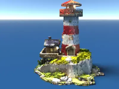 Stylized Voxel Lighthouse Island Low-poly 3D model
