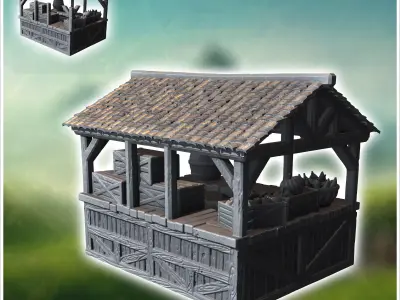 Wooden market stall with crates and baskets under a sloped roof  3D print model