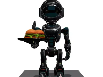 Friendly Robot Waiter with Burgers Low-poly 3D model