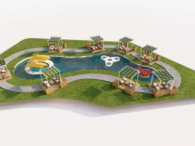 Organic Park Landscape with Water Pond and Pergolas Low-poly 3D model