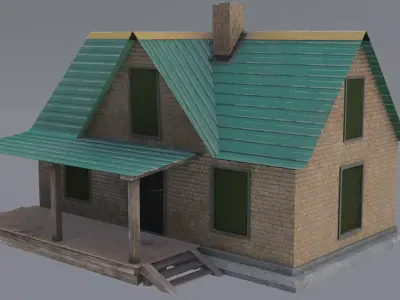Old neglected yellow brick house with a canopy Low-poly 3D model