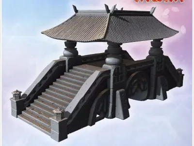Covered stone bridge with Asian-style roof wide staircases decor 3D print model