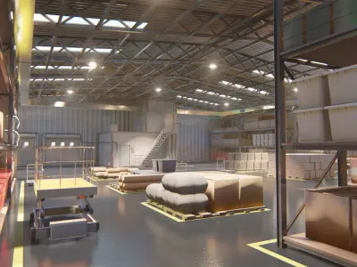 Warehouse filled with boxes and pallets Free 3D model