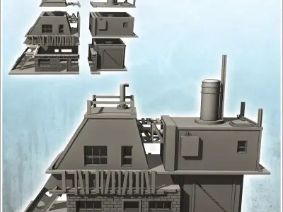 Two-storey brick factory with chimney and steel beam intact vers 3D print model