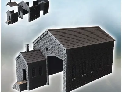Brick workshop with large access door and annex with staircase 4 3D print model