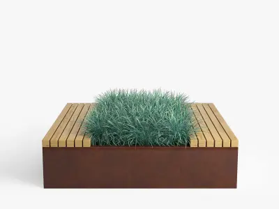 Flowerbed wooden bench with grass 3D model