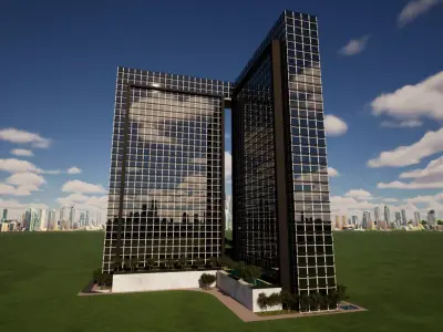 Twin Residential Towers with Podium and Skybridge 130m 33 Floors Low-poly 3D model