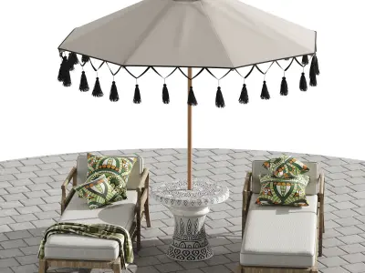 Beach umbrella and chaise longue set 3 3D model