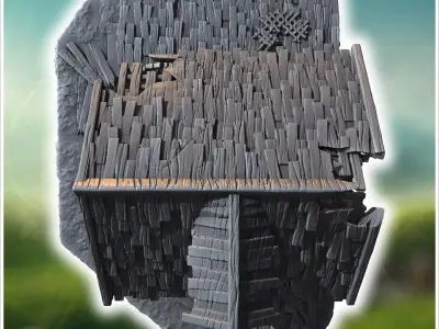 Large wooden house with a damaged porch broken roof shingles and 3D print model