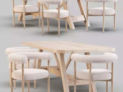 Dining Set Crate and Barrel - Aya Table and Mazz Boucle Chair 3D model