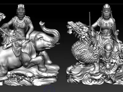Buddha and Bodhisattva Manjushri and Bodhisattva Universal sage 3D print model