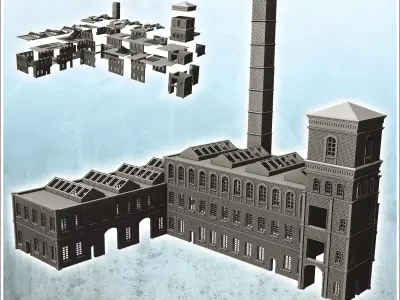 Large modern multi-storey brick industrial plant with chimney in 3D print model