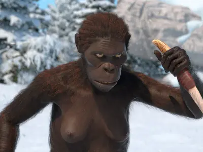  Hominid with Weapon in Attack Pose Fur 