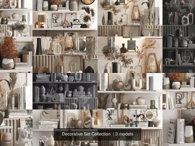Decorative Set Collection items on shelf 3D Model Pack