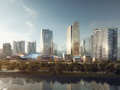 Waterfront City Skyline With Ferris Wheel 3D model