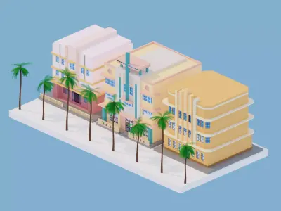 Art Deco Buildings Set Low Poly Low-poly 3D model