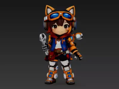 Chibi Tech Mechanic Catgirl - Stylized Game-Ready Character Low-poly 3D model