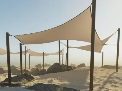 Shade Canopyvs rocks and sand vs rotang table and stool 3D model