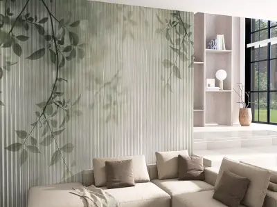 Leafy Silhouette on Vertical Glass Pinstripes Texture