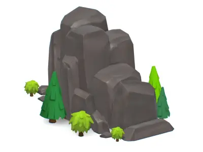 Cartoon Stone Cliff and Green Trees Low-poly 3D model