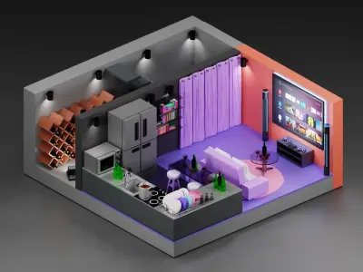 living room and kitchen room isometric  Low-poly 3D model