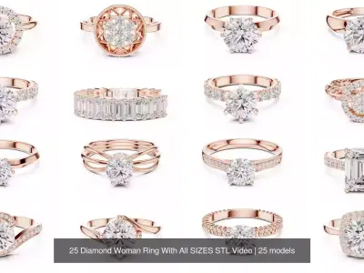 25 Diamond Woman Ring With All SIZES STL Video 3D Model Pack