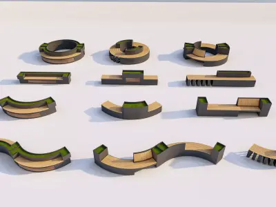 Urban Park Planter Bench Kit Low-poly 3D model