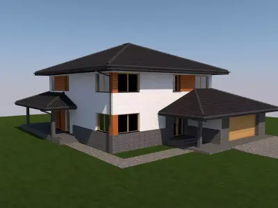Simple house model with hipped roof plus garage  Low-poly 3D model