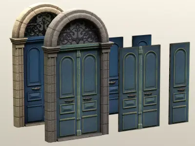 Entrance Double Door with frame glass window metal ornament Low-poly 3D model