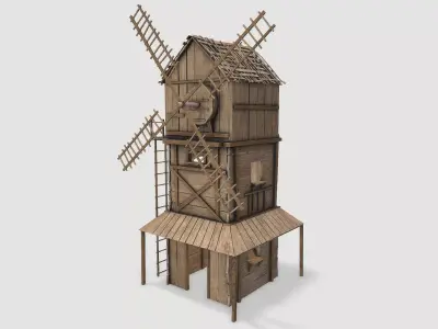 Medieval Wooden Windmill PBR  Low-poly 3D model