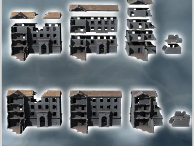 Set of three modern ruined buildings with central arch and stone 3D print model