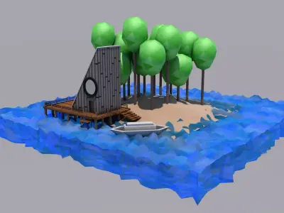 Island with trees and boat 3D model