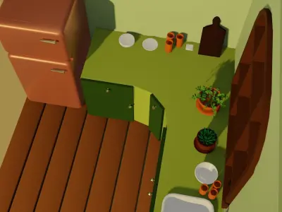low-poly kitchen with refrigerator and microwave Free 3D model