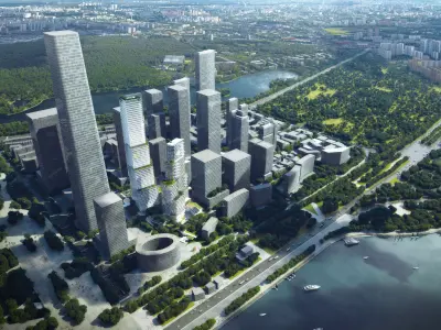 Modern Riverfront Cityscape with Mixed-Use Glass Skyscraper 3D model